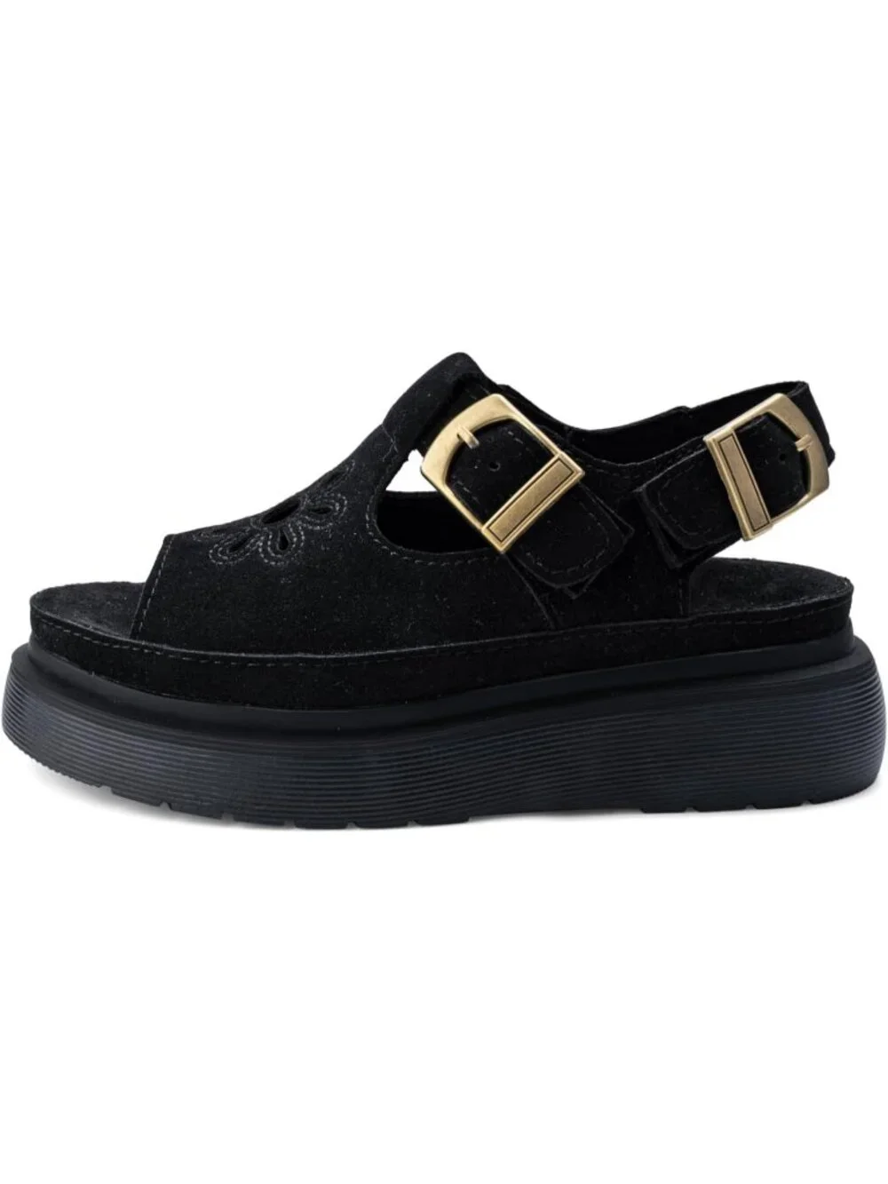 Women's Black Suede Open Toe Flower Decoration Fisherman Platform Sandal Shoes